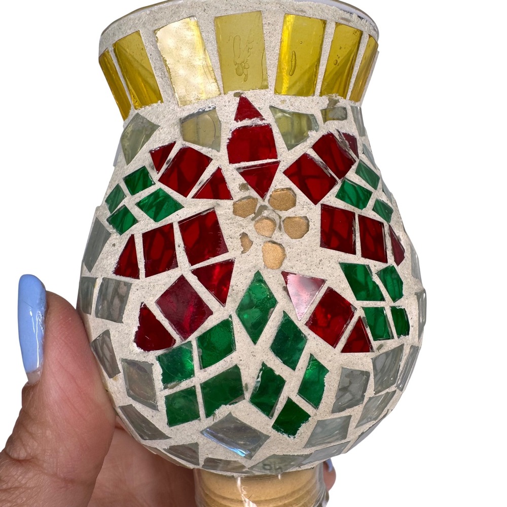 Mosaic Glass Poinsettia Night Light Red Floral Holiday Christmas Plug-In Lamp - Picture 2 of 12